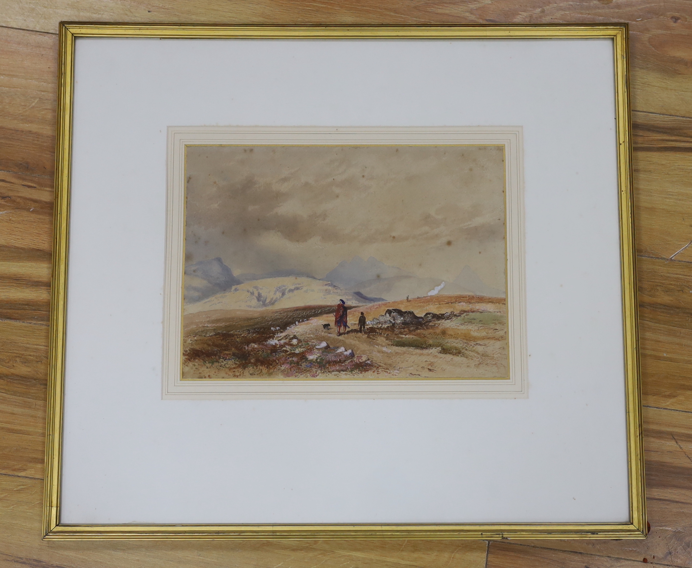 Edward Martindale Richardson (1810-1874), watercolour, Mountainous landscape with figures, details verso, 25 x 34cm
